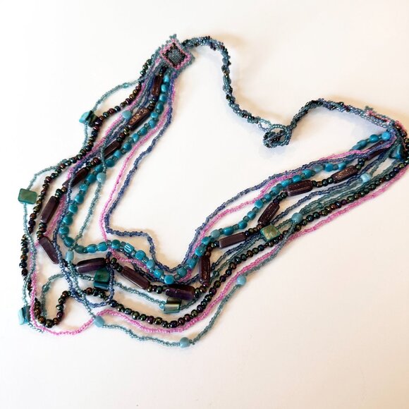 Blue and Violet Beaded Multi-Strand Necklace Made in Indonesia - Picture 5 of 6